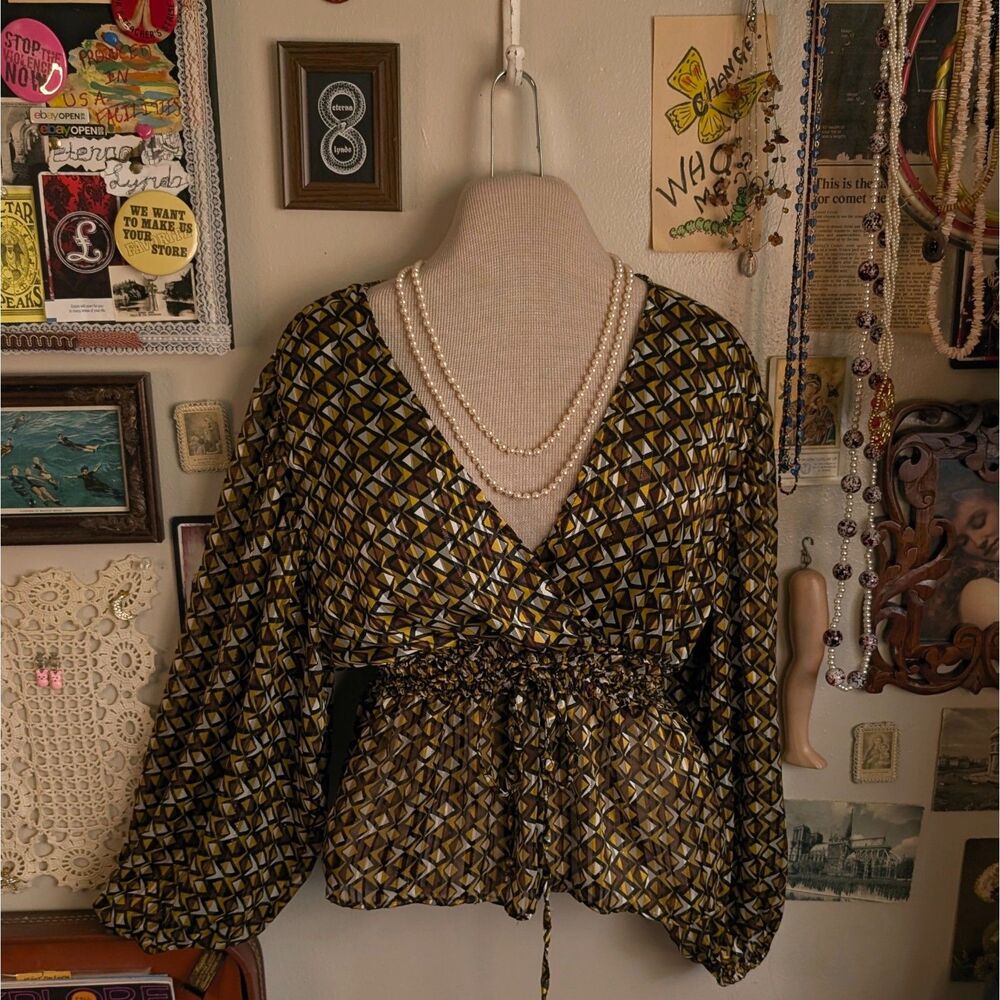 Vintage Balloon Sleeve V-Neck Blouse Women's Small Geometric Yellow Brown